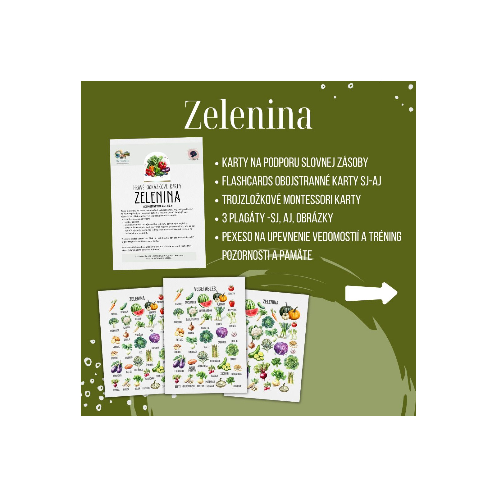 PDF Zelenina - karty (flashcards) v SJ a AJ obojstranné, montessori trojzložkové karty, plagáty a pexeso