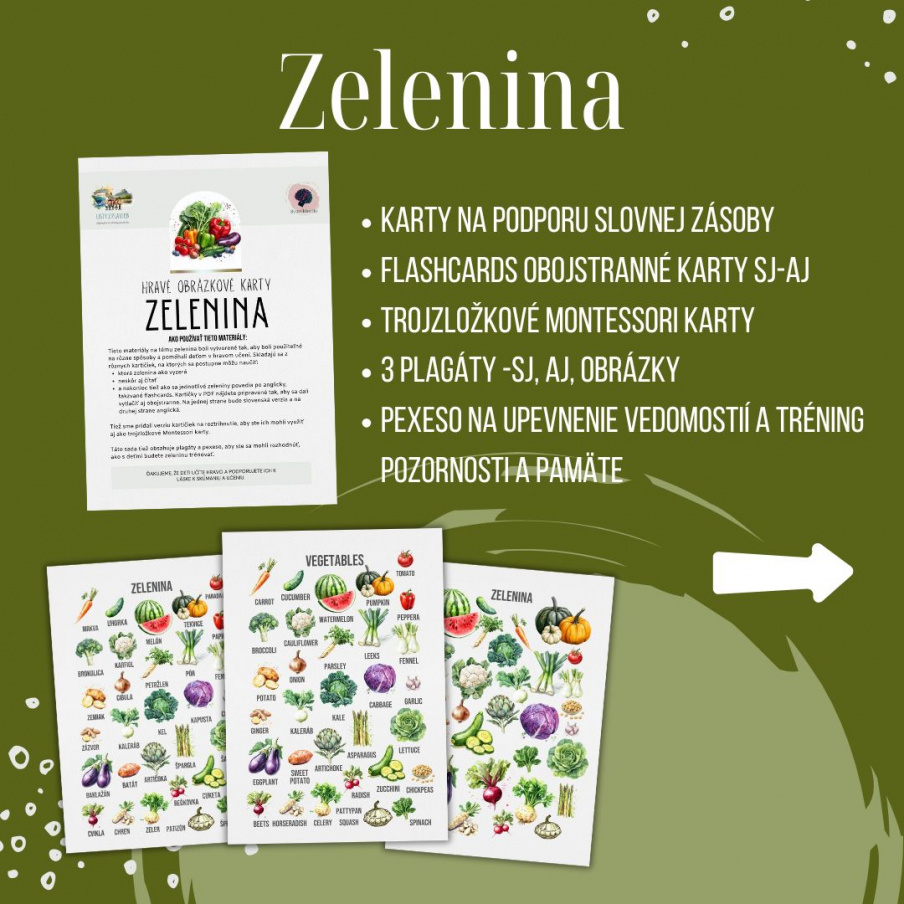 PDF Zelenina - karty (flashcards) v SJ a AJ obojstranné, montessori trojzložkové karty, plagáty a pexeso