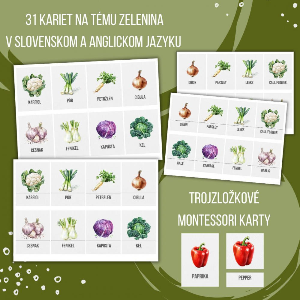 PDF Zelenina - karty (flashcards) v SJ a AJ obojstranné, montessori trojzložkové karty, plagáty a pexeso