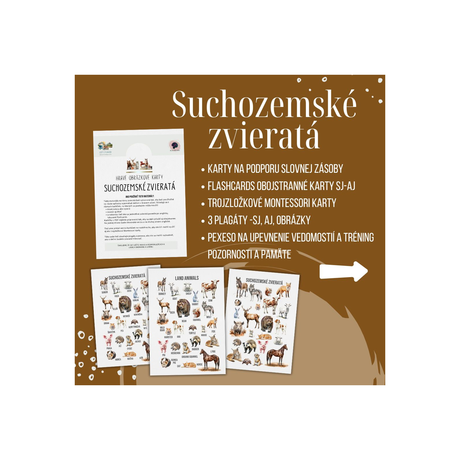 PDF Suchozemské zvieratá - karty (flashcards) v SJ a AJ obojstranné, montessori trojzložkové karty, plagáty a pexeso