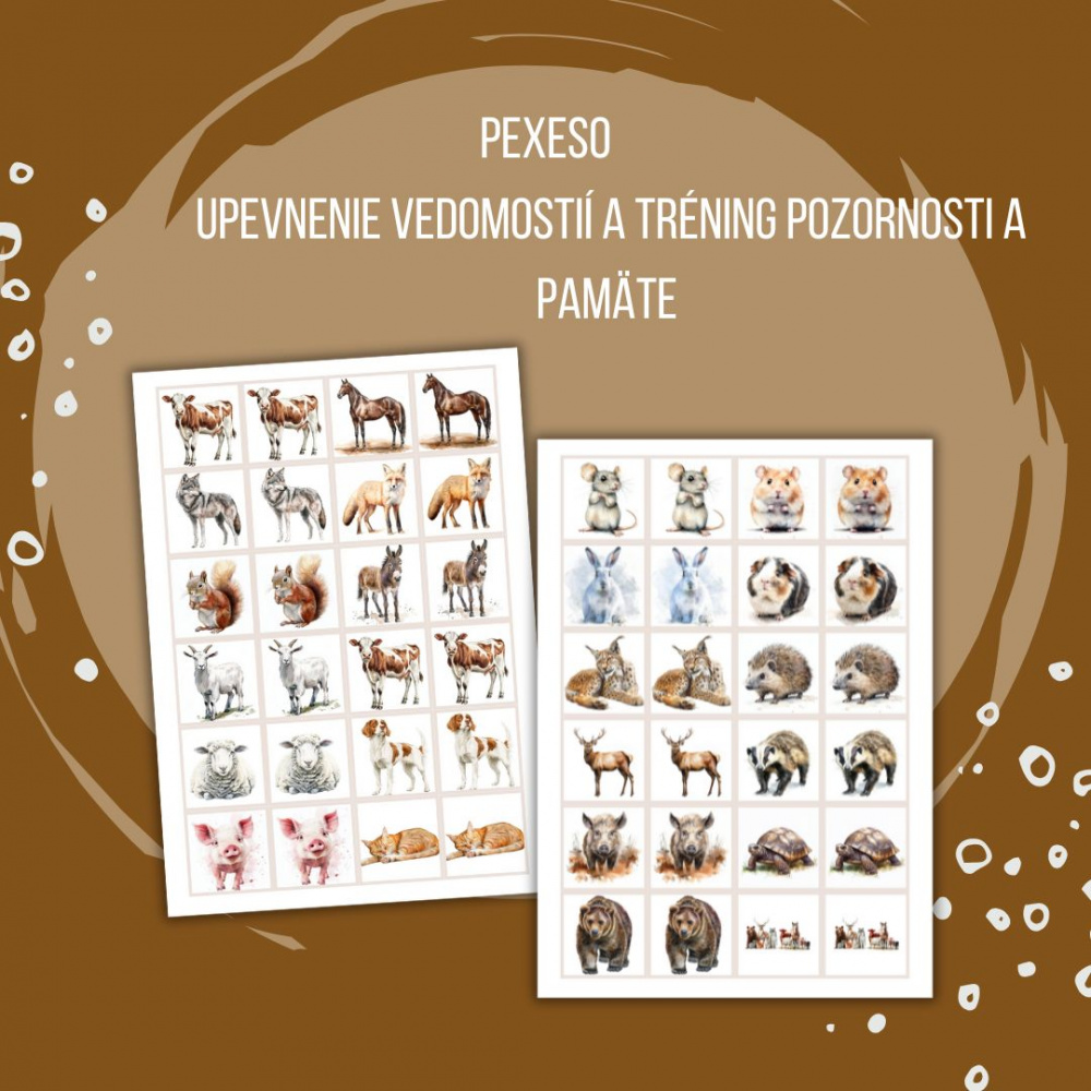 PDF Suchozemské zvieratá - karty (flashcards) v SJ a AJ obojstranné, montessori trojzložkové karty, plagáty a pexeso