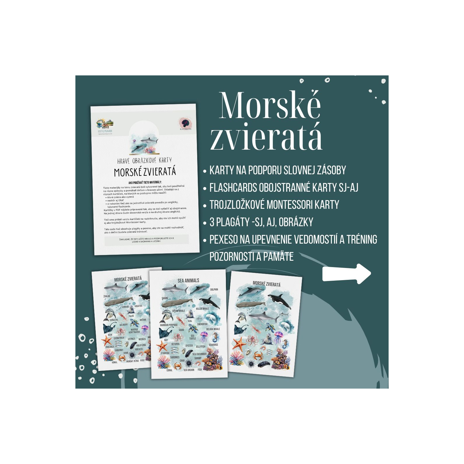 PDF Morské zvieratá - karty (flashcards) v SJ a AJ obojstranné, montessori trojzložkové karty, plagáty a pexeso