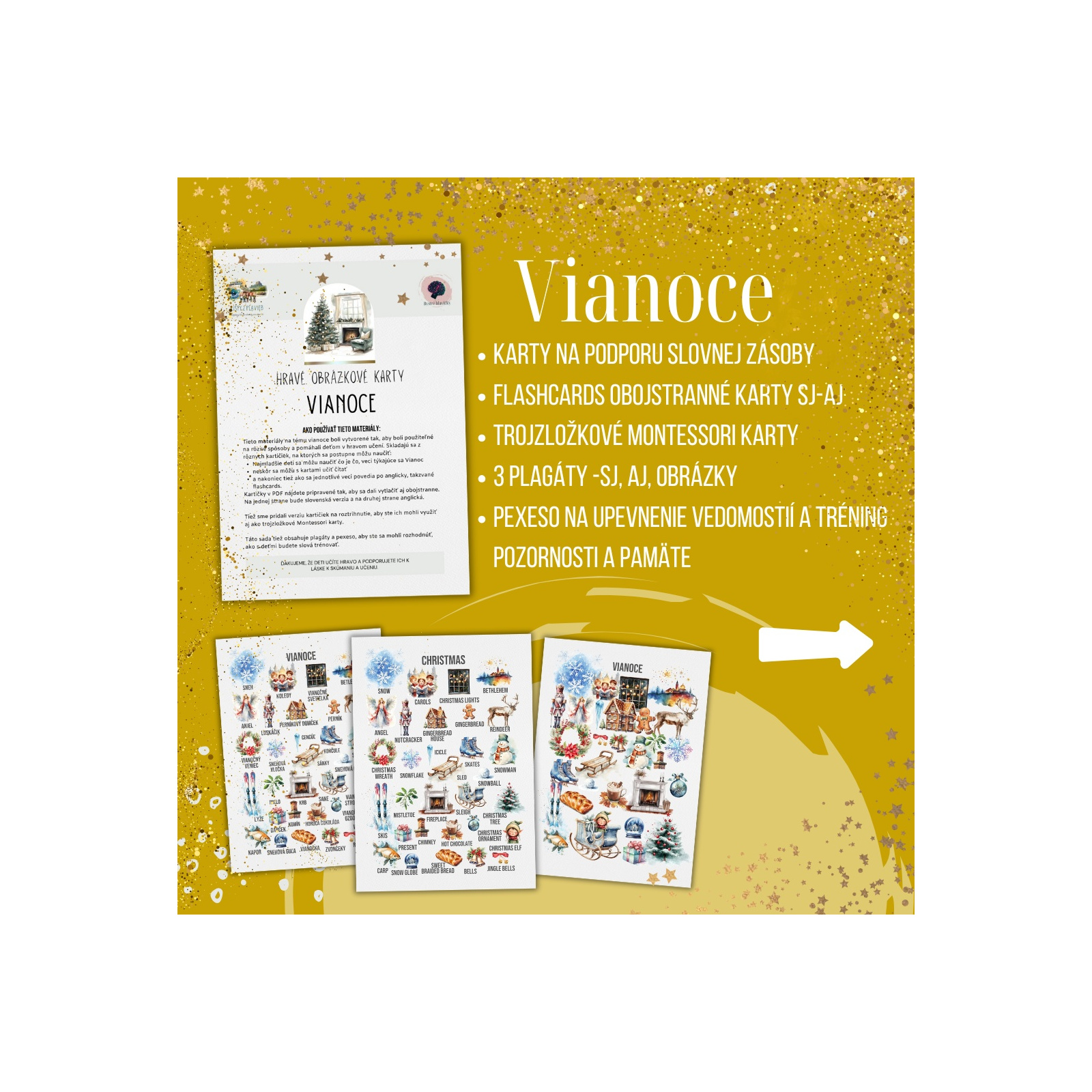 PDF Vianoce - karty (flashcards) v SJ a AJ obojstranné, montessori trojzložkové karty, plagáty a pexeso