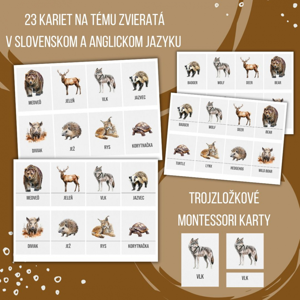 PDF Suchozemské zvieratá - karty (flashcards) v SJ a AJ obojstranné, montessori trojzložkové karty, plagáty a pexeso