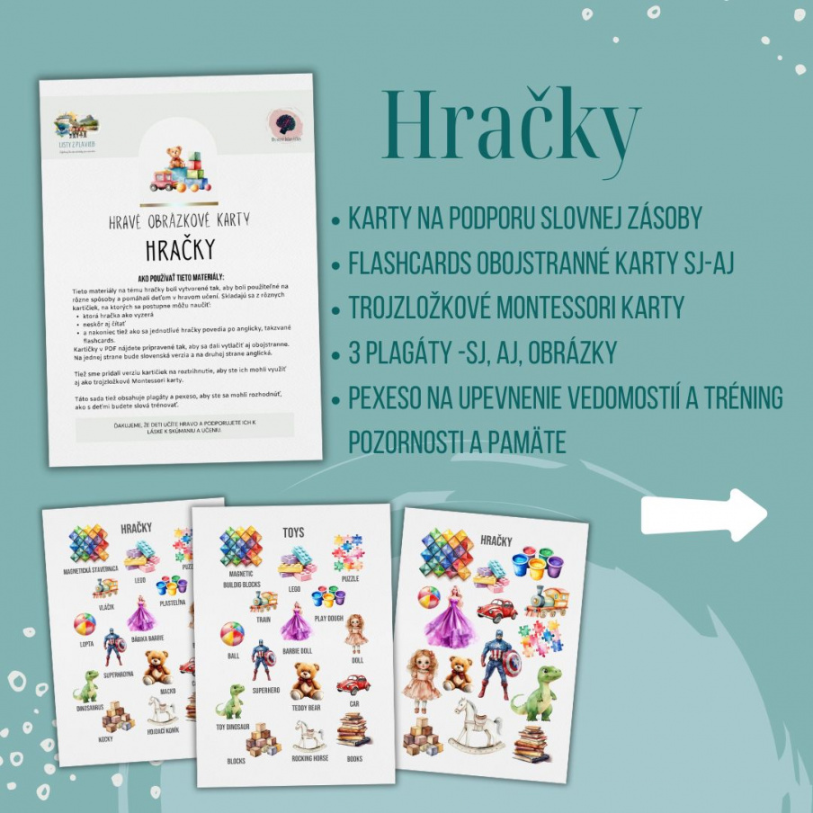 PDF Hračky - karty (flashcards) v SJ a AJ obojstranné, montessori trojzložkové karty, plagáty a pexeso