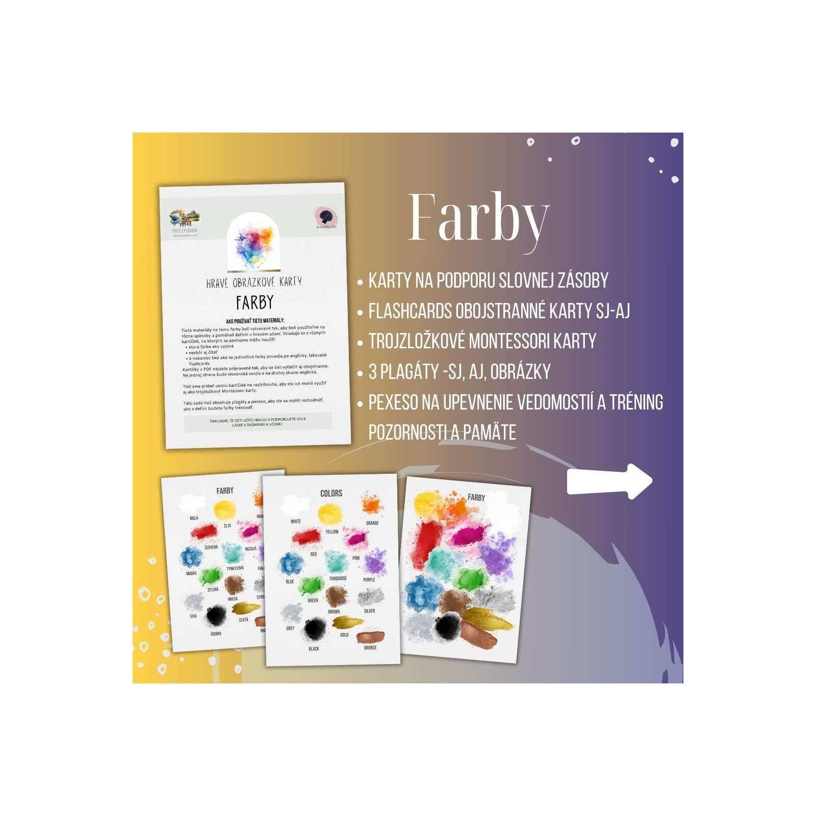 PDF Farby - karty (flashcards) v SJ a AJ obojstranné, montessori trojzložkové karty, plagáty a pexeso