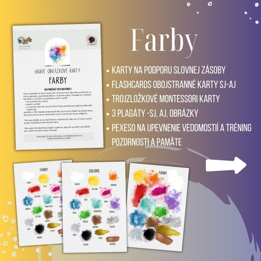 PDF Farby - karty (flashcards) v SJ a AJ obojstranné, montessori trojzložkové karty, plagáty a pexeso