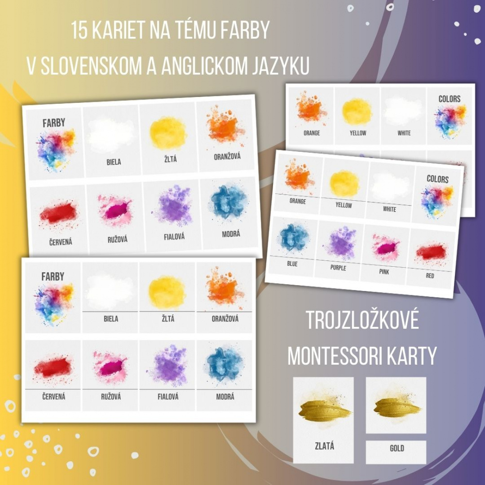 PDF Farby - karty (flashcards) v SJ a AJ obojstranné, montessori trojzložkové karty, plagáty a pexeso