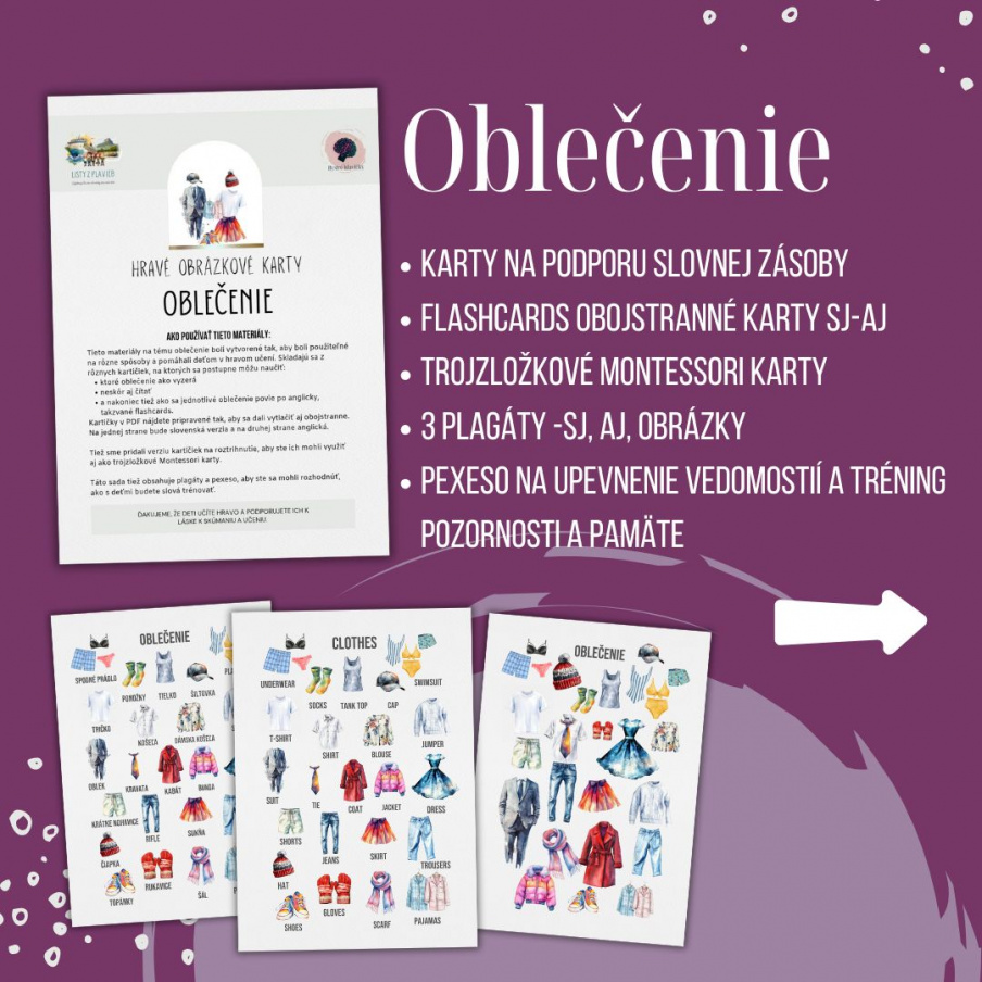 PDF Oblečenie - karty (flashcards) v SJ a AJ obojstranné, montessori trojzložkové karty, plagáty a pexeso