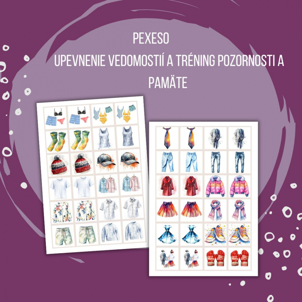 PDF Oblečenie - karty (flashcards) v SJ a AJ obojstranné, montessori trojzložkové karty, plagáty a pexeso