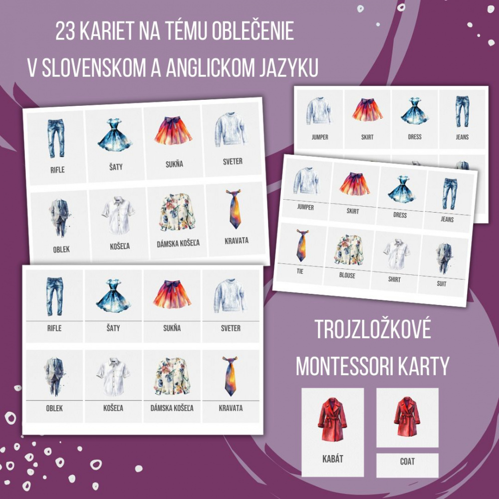PDF Oblečenie - karty (flashcards) v SJ a AJ obojstranné, montessori trojzložkové karty, plagáty a pexeso