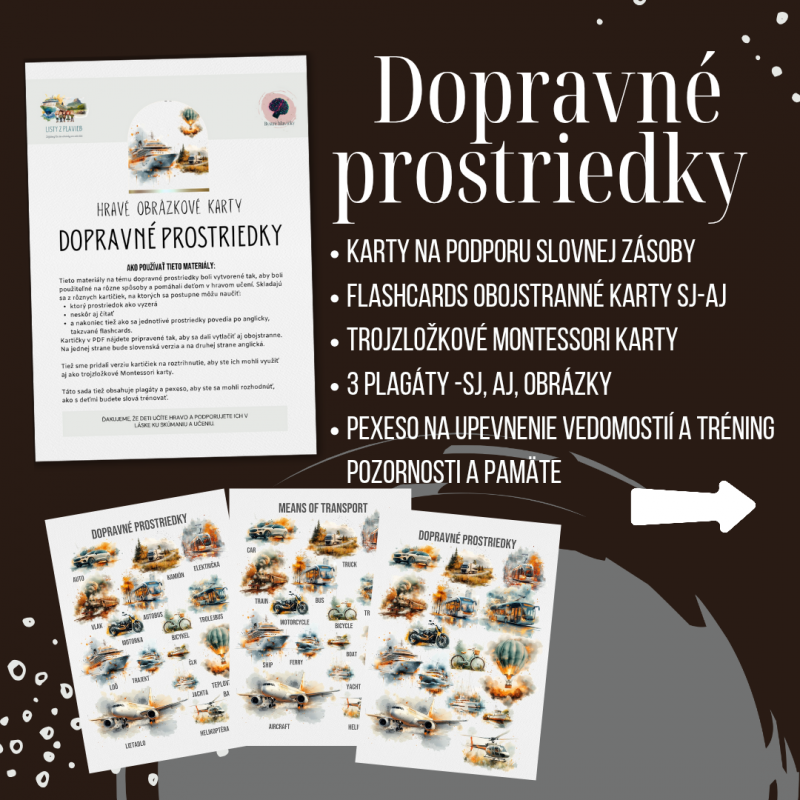 PDF dopravné prostriedky - karty (flashcards) v SJ a AJ obojstranné, montessori trojzložkové karty, plagáty a pexeso