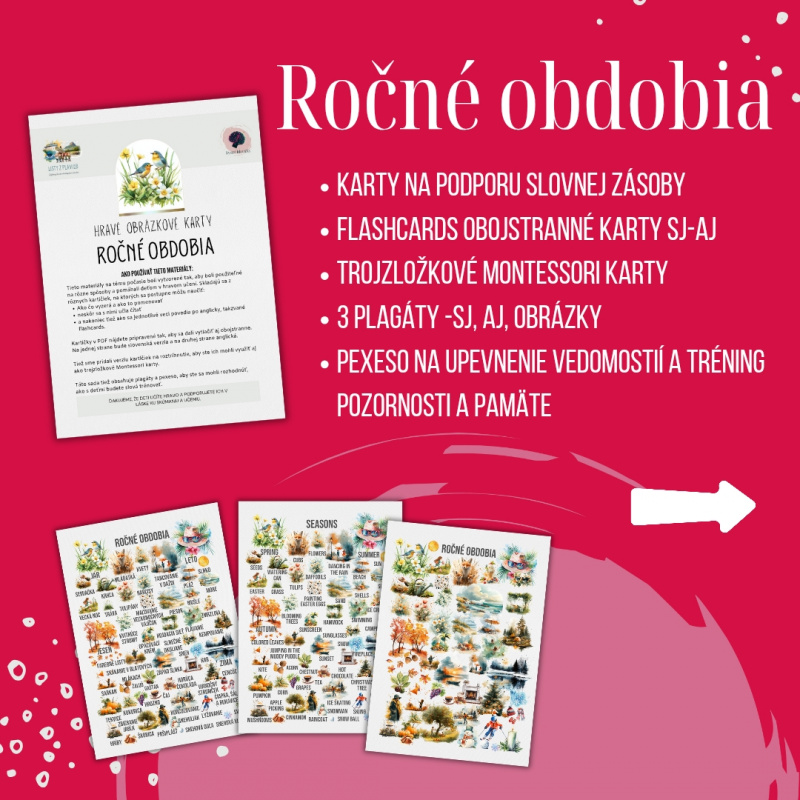 PDF ročné obdobia - karty (flashcards) v SJ a AJ obojstranné, montessori trojzložkové karty, plagáty a pexeso