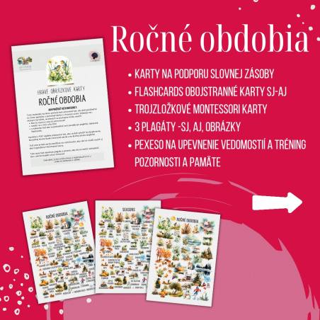 PDF ročné obdobia - karty (flashcards) v SJ a AJ obojstranné, montessori trojzložkové karty, plagáty a pexeso
